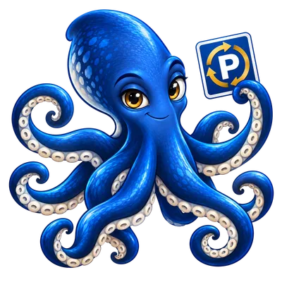 Xago Contract Parking mascot, a blue octopus holding a parking sign