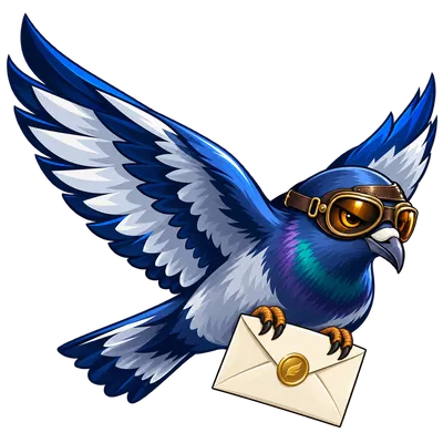 Xago Invoice logo, a blue carrier pigeon in flight goggles carrying an envelope